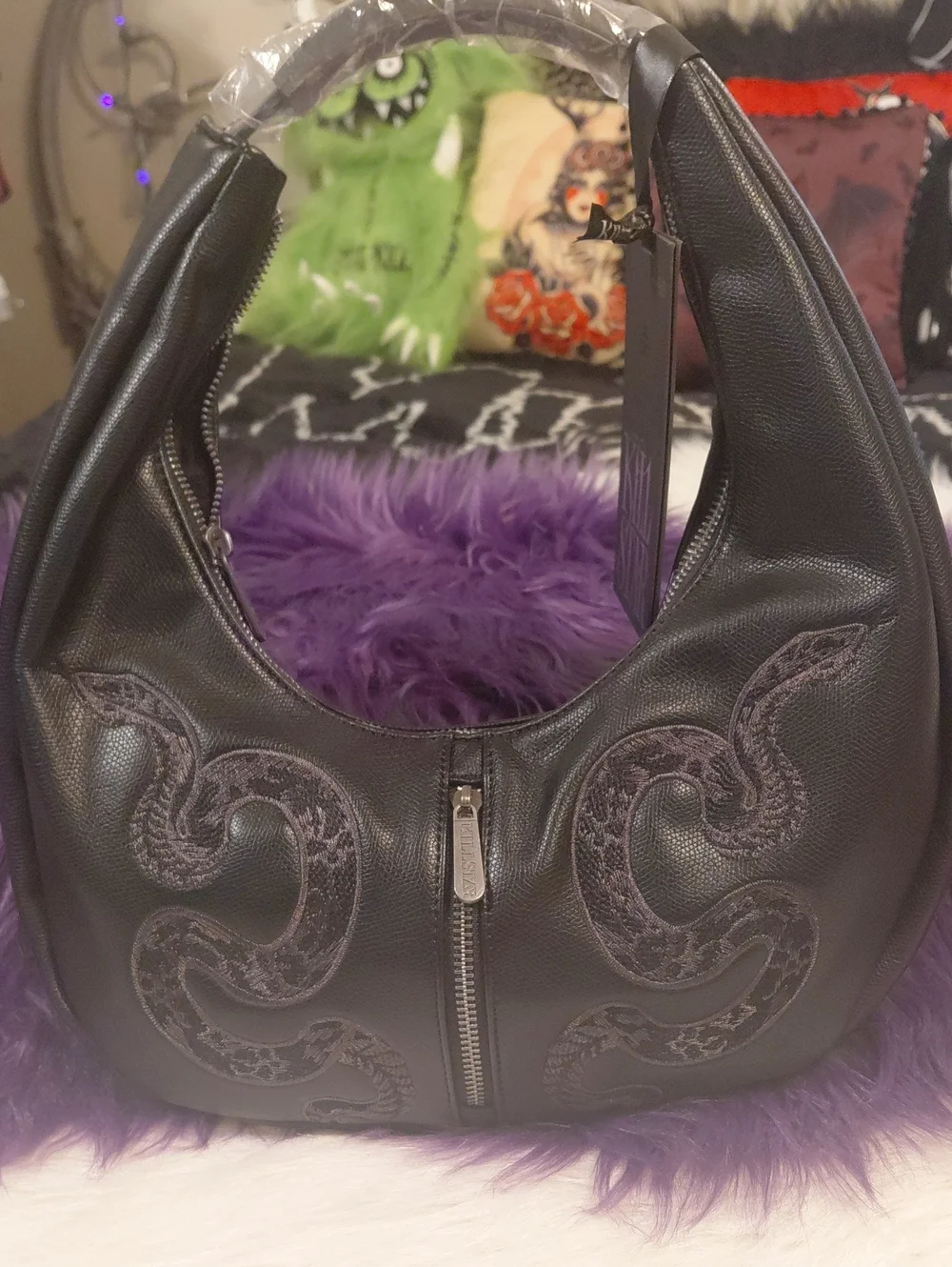 KILLSTAR Black Hobo Bag with Embroidered Snake Motif